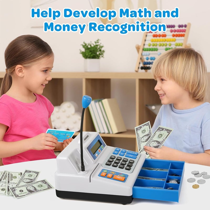 BAODLON Calculator Cash Register - 103 Pcs Toy Cash Register, Store Set with Microphone, Credit Card and Banking for Kids, Early Math Skills Toys Gifts for 3, 4, 5, 6 7 8+ Years Old Boy Girl - Image 5